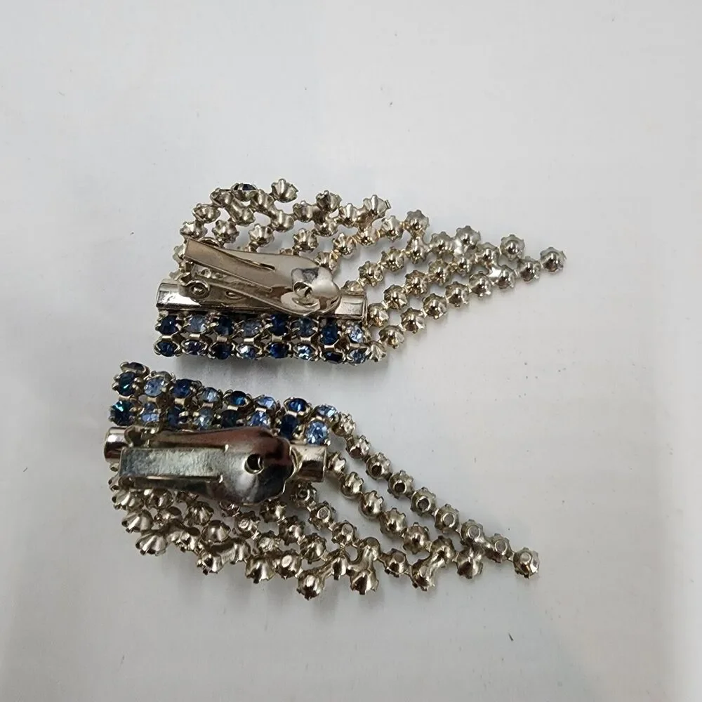 Vintage Large Oversized Blue Rhinestone Statement Climber Earrings Clip On